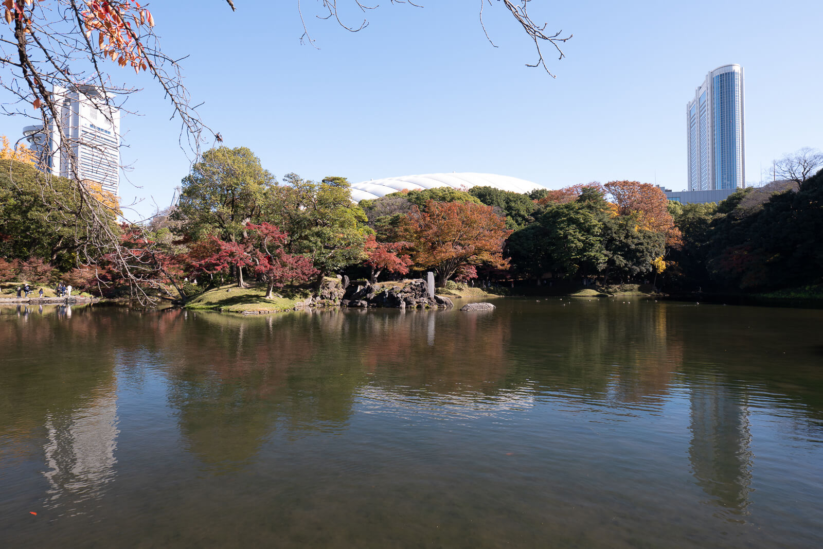 A wide pond reflects mixed red, yellow, and green trees at Koishikawa Korakuen, with an open shoreline in autumn.