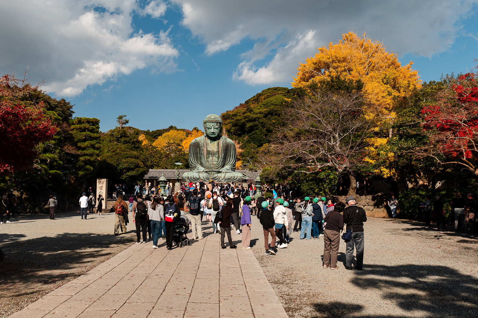 Visitors approaching the Great Buddha through Kōtoku-in Temple courtyard in autumn