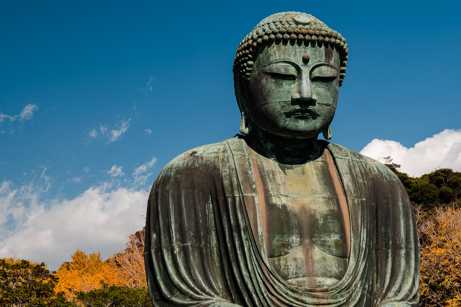 Close view of the Great Buddha's face at Kōtoku-in Temple