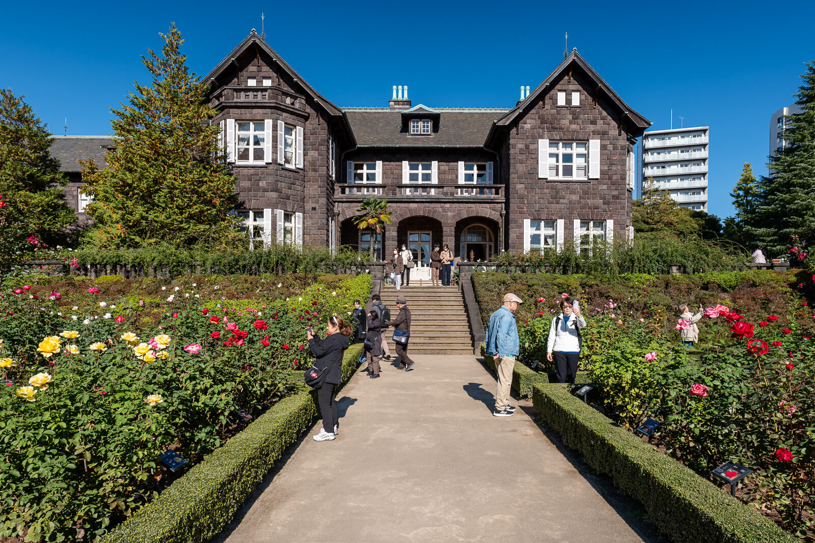Visitors stand among blooming roses before the Western-style mansion at Kyu-Furukawa Gardens, beneath a vivid blue autumn sky.