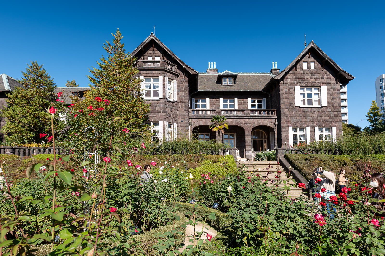 Red roses bloom in front of the Western-style mansion at Kyu-Furukawa Gardens, with open blue sky above its roof.