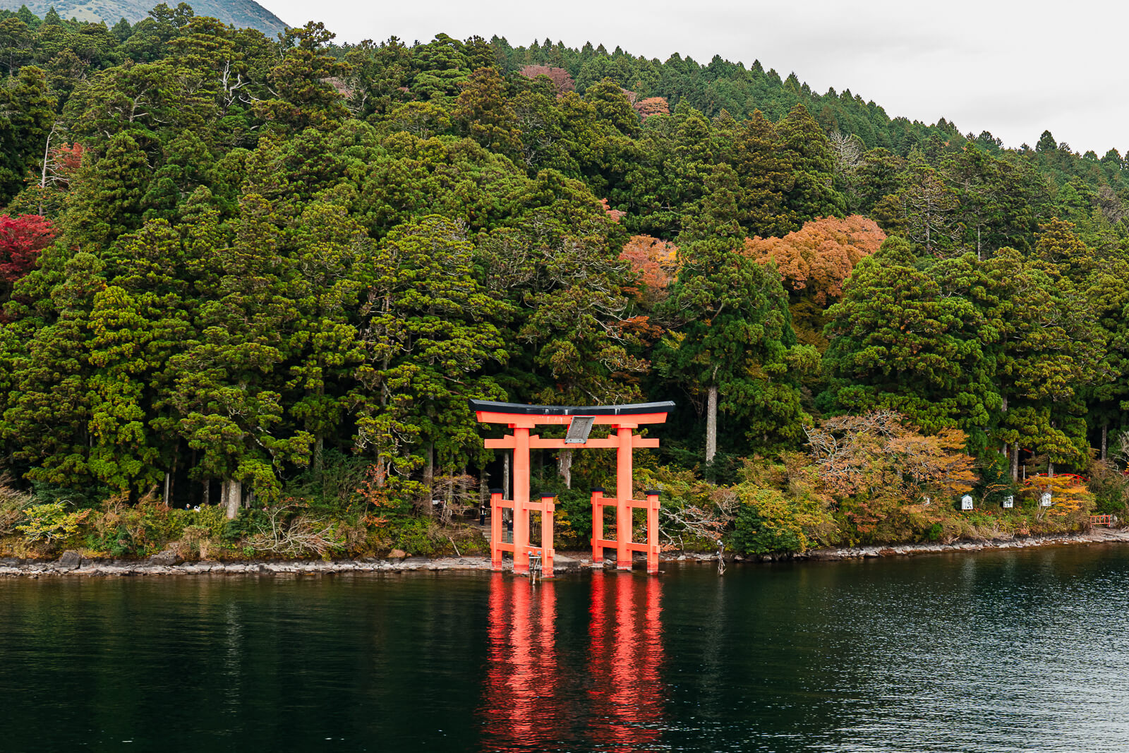 Hakone Shrine torii rising from Lake Ashi with autumn foliage on the surrounding hillside