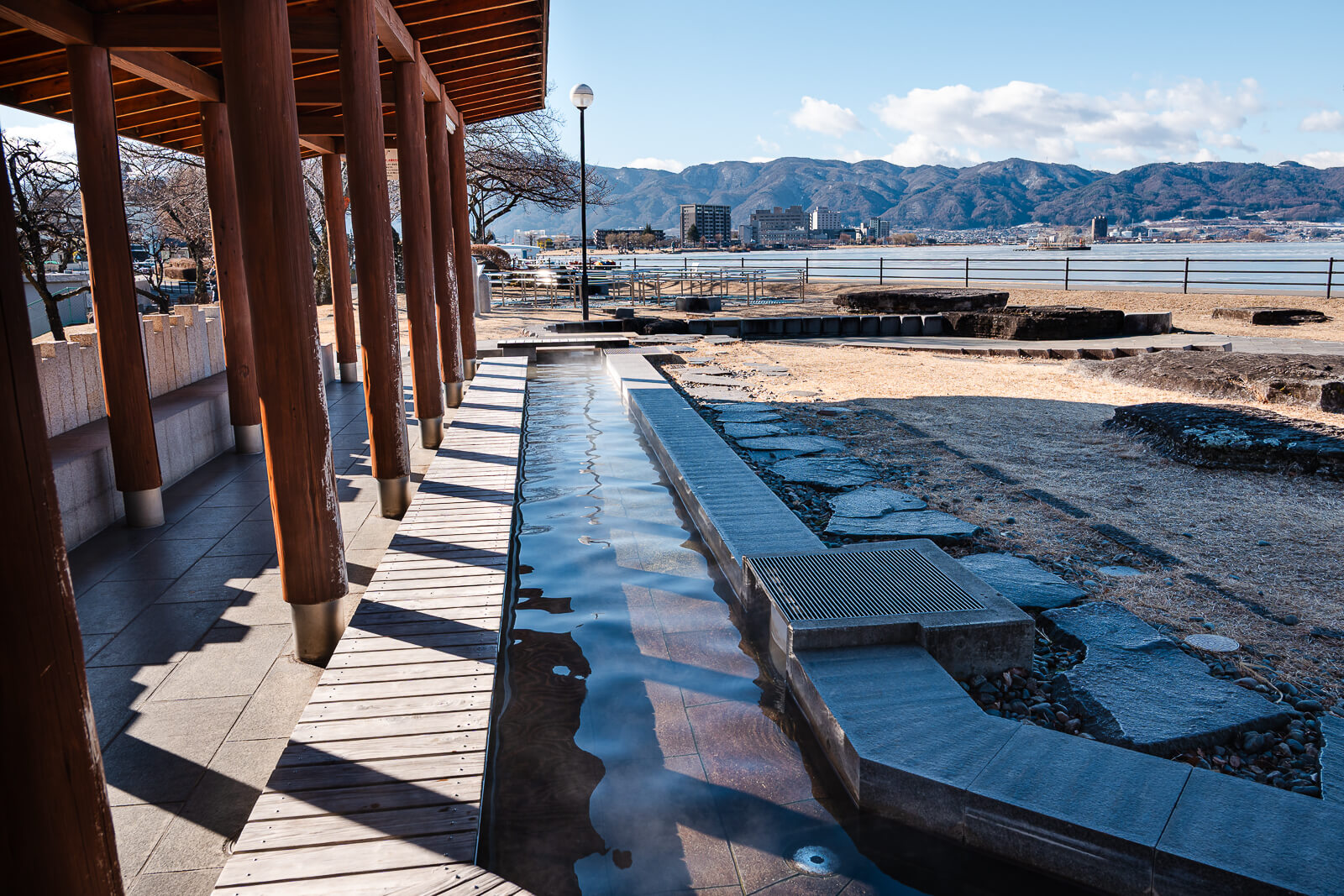 Lakeside footbath at Lake Suwa next to the geyser center in Nagano