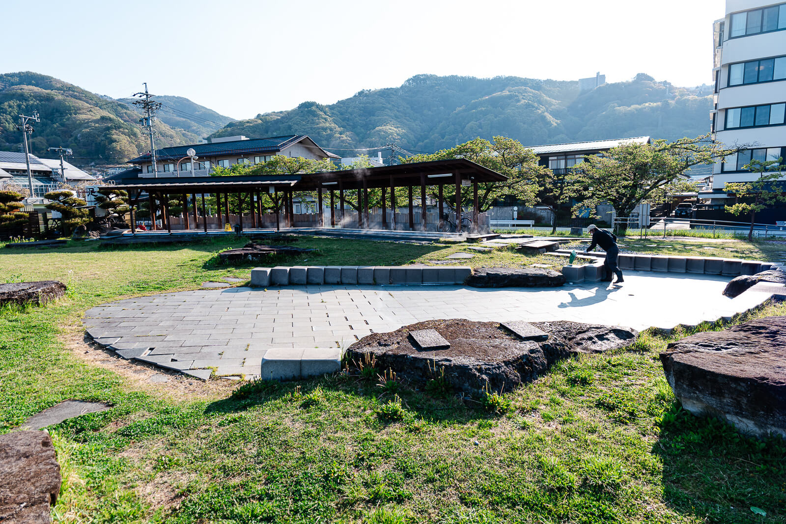 Footbath pavilion and geyser center grounds in Kamisuwa, Suwa, Nagano