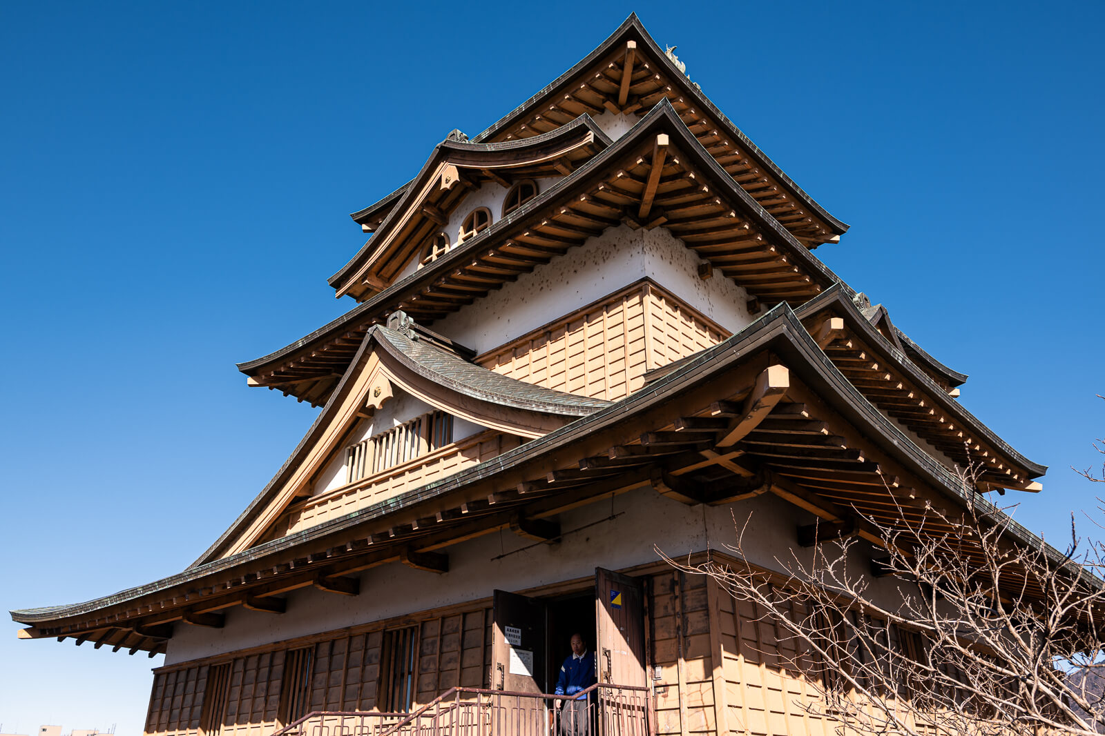 Architectural detail of Takashima Castle keep viewed from below