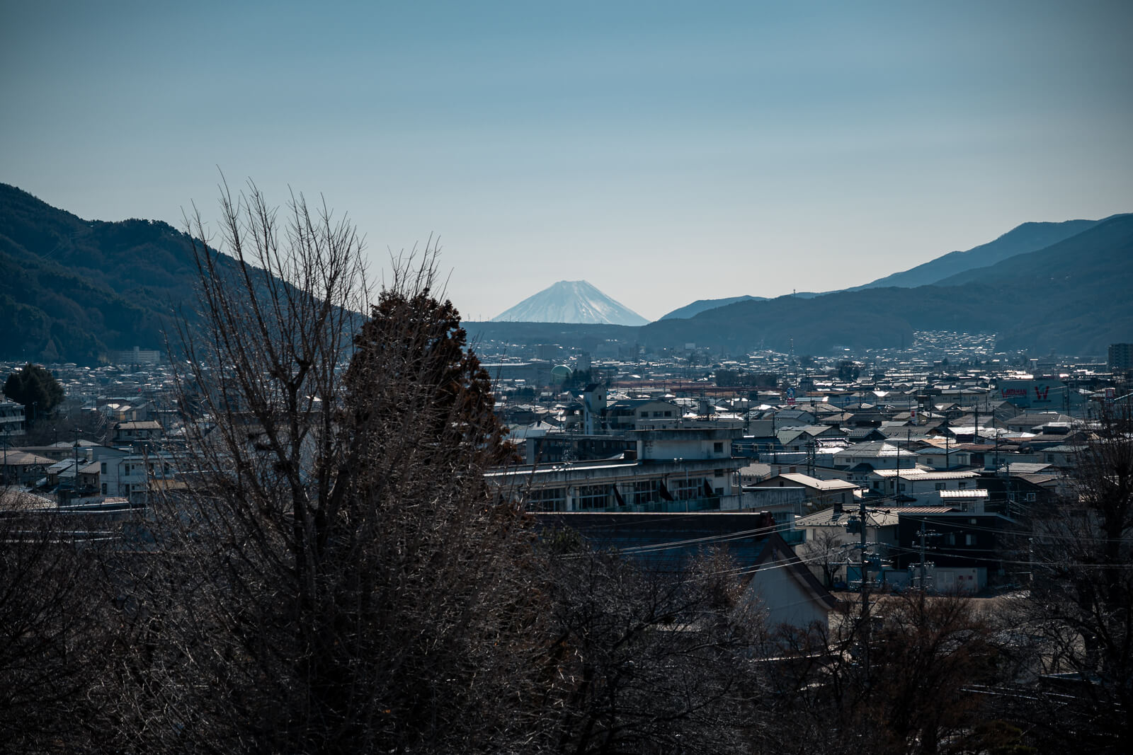 Lake Suwa area surrounding Takashima Castle, showing how the site fits into the basin and Mount Fuji in the background
