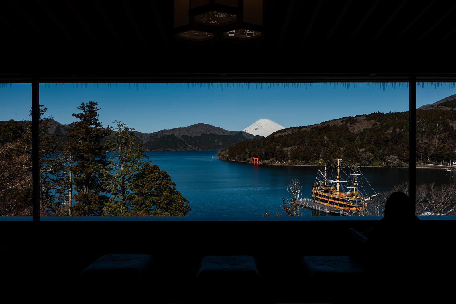 Lake Ashi and Mount Fuji viewed from inside the Narukawa Art Museum in Hakone