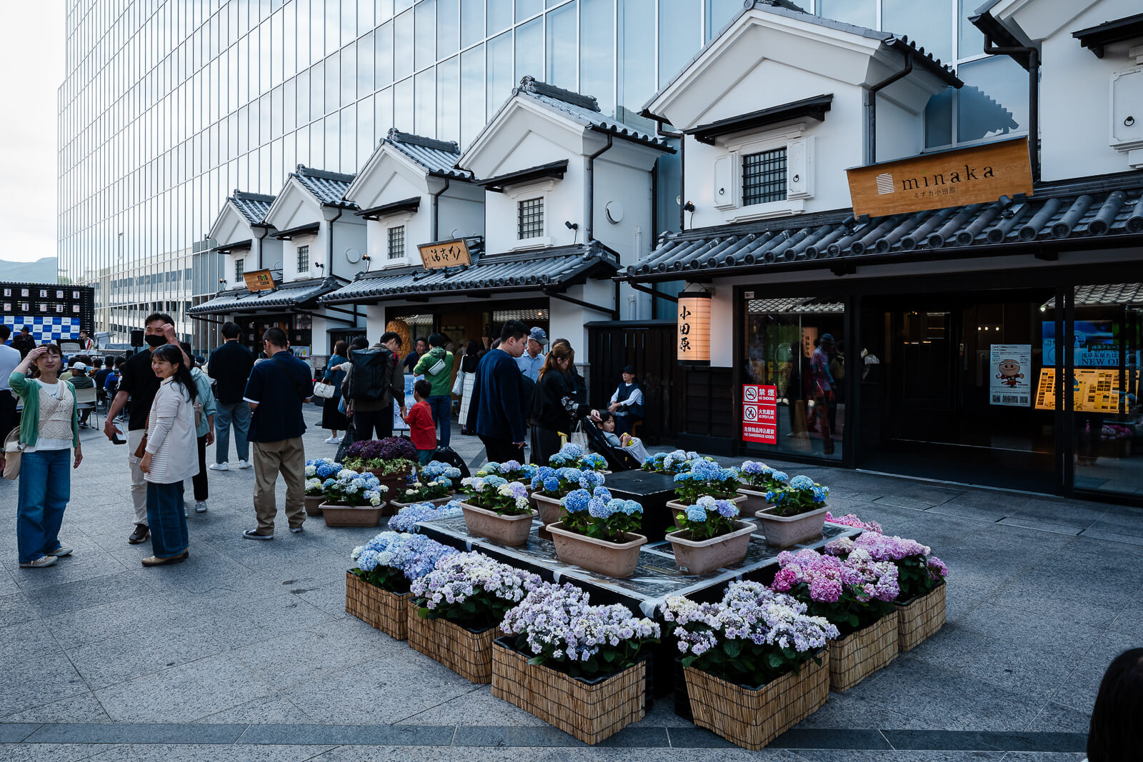 Castle Town shopping area and flower displays at Minaka Odawara