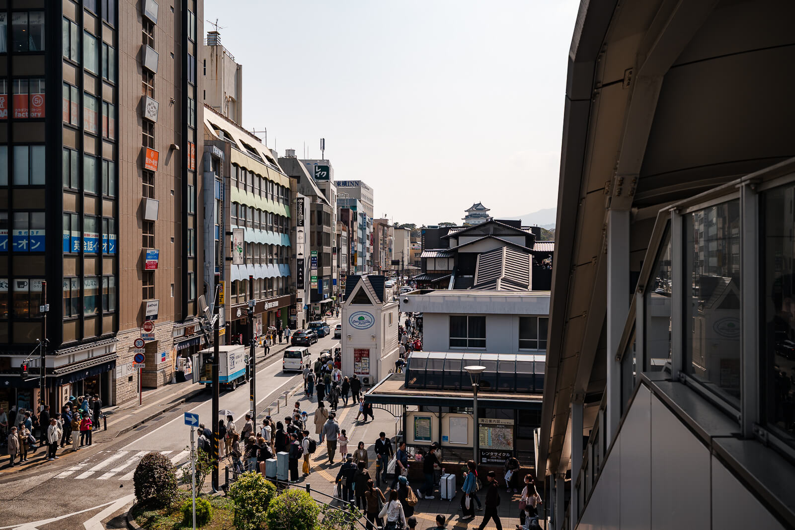 View looking down Oshiro Dori shopping street leading toward Odawara Castle