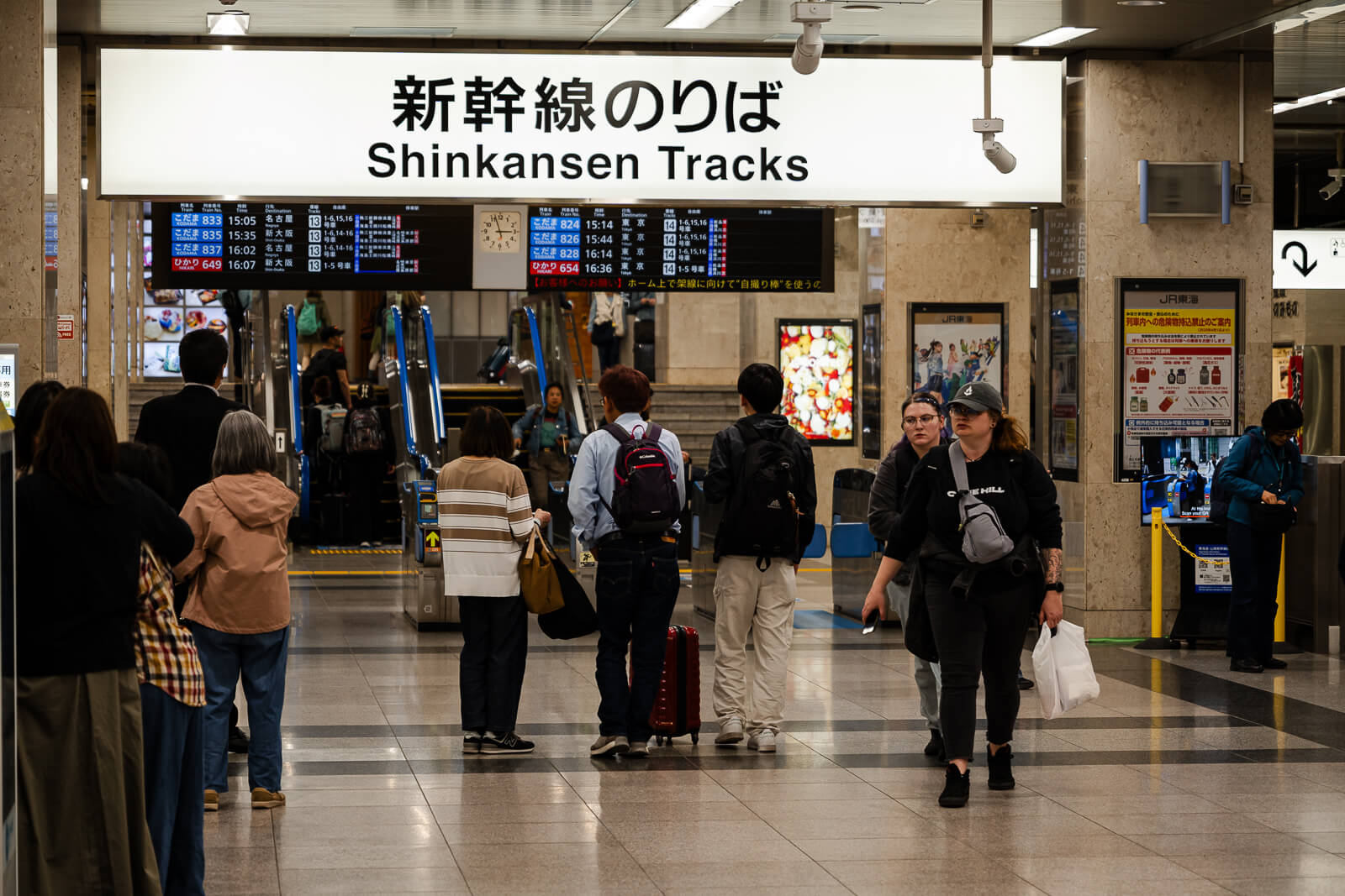 Travelers standing beneath Shinkansen ticket and track signs inside Odawara Station