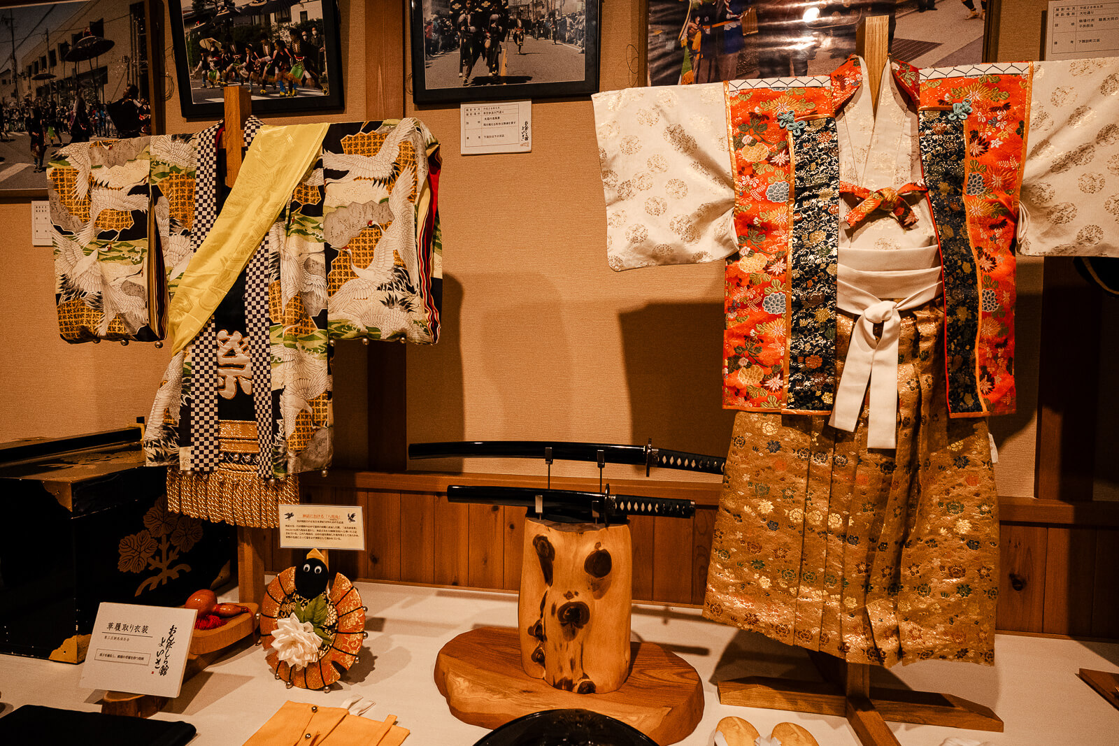 Traditional Onbashira festival garments and ritual objects inside the museum.