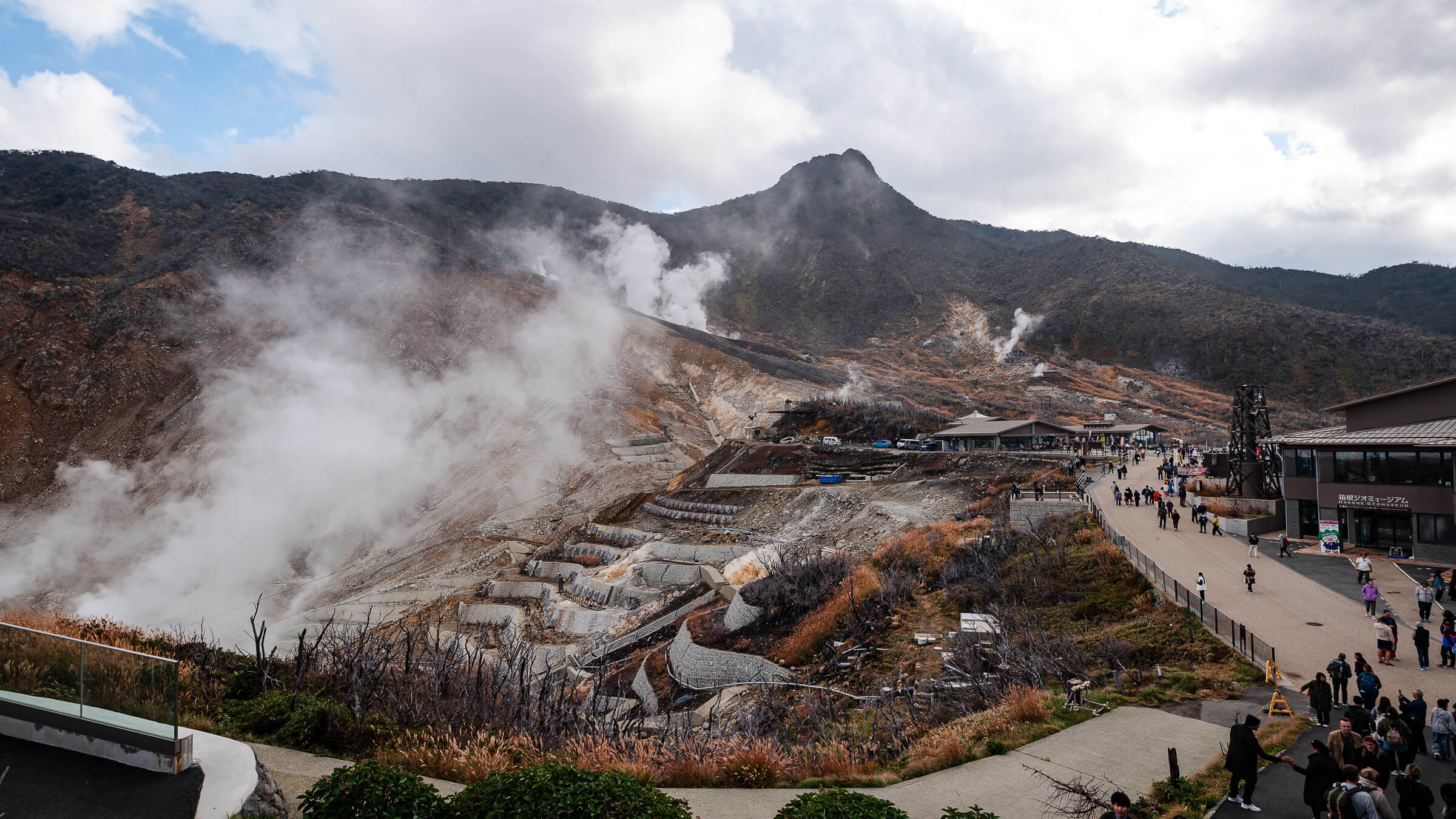 Owakudani volcanic valley in Hakone with steam vents, walking paths, and visitors near the ropeway station