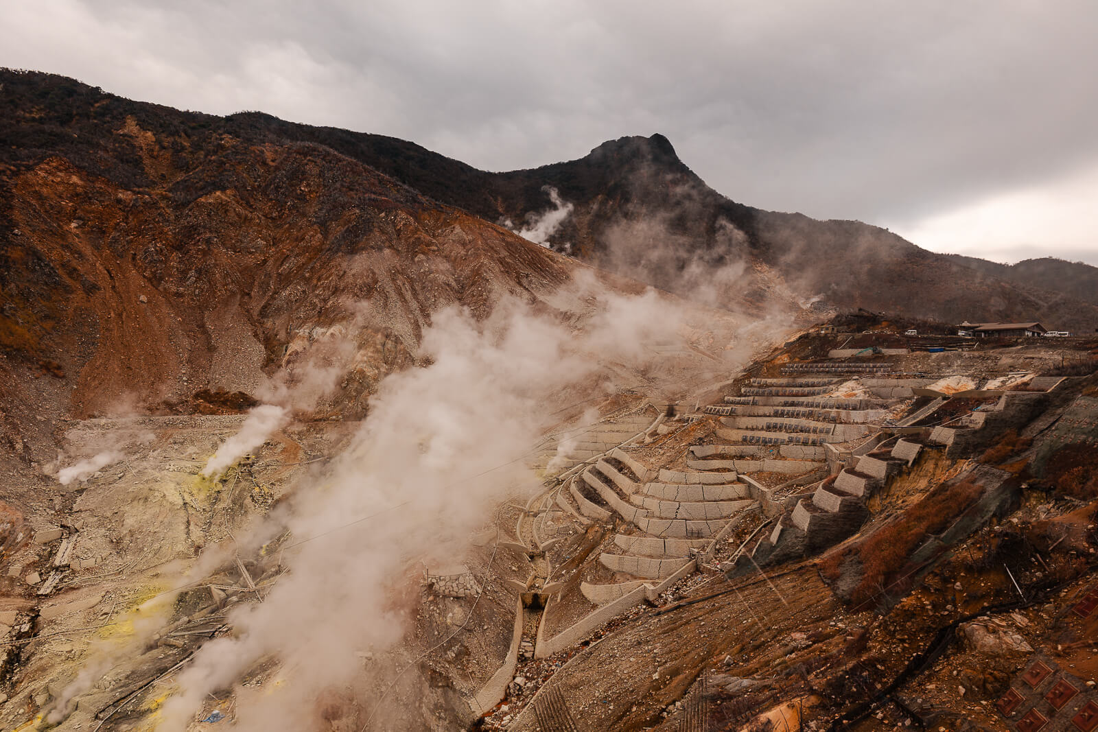 Aerial view of Owakudani from the Hakone Ropeway showing steam rising from the valley