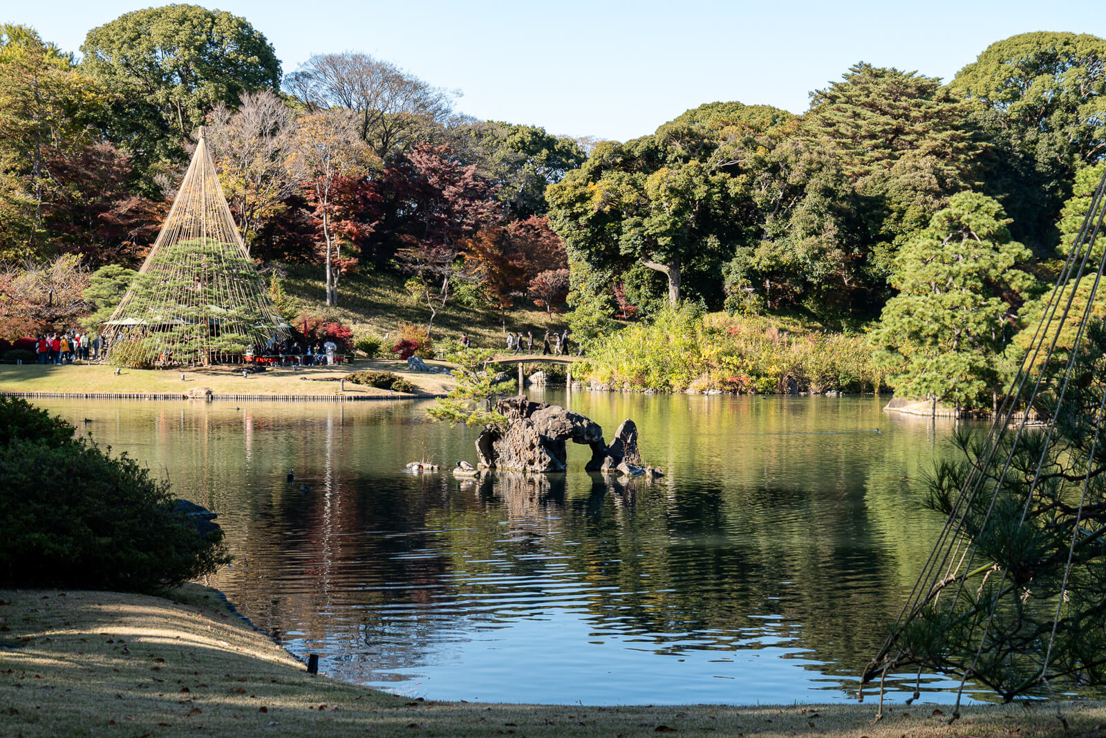 Visitors stand beside the pond at Rikugien Gardens, looking toward red and green trees reflected across the water.