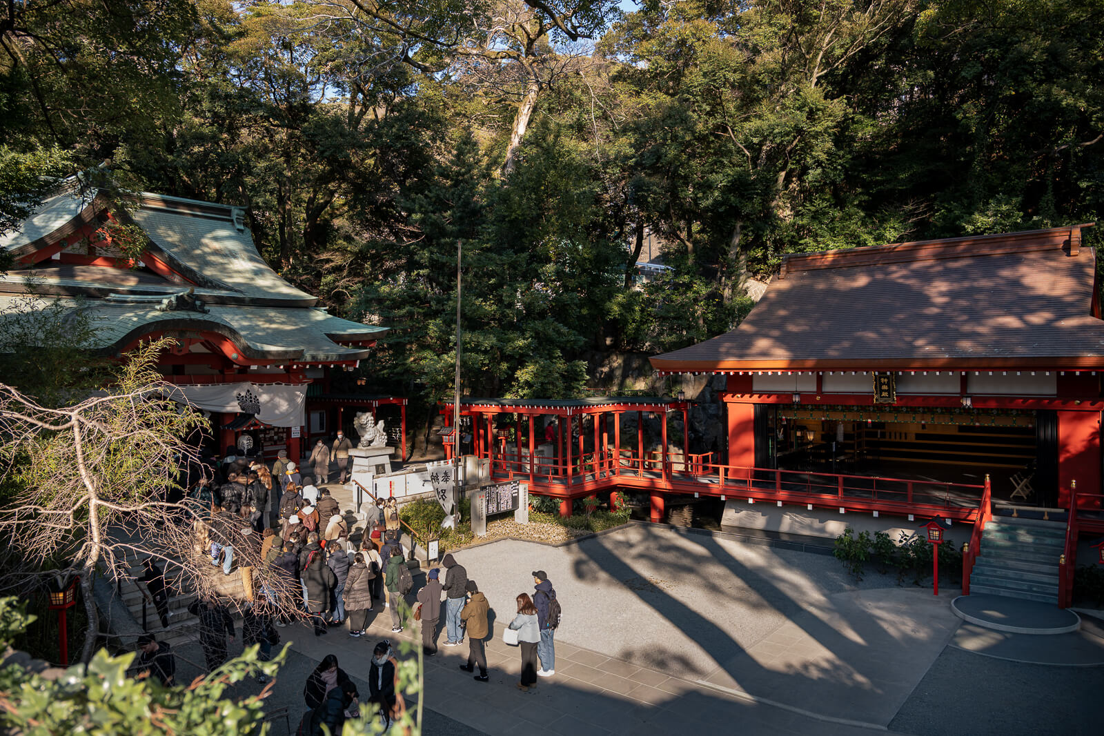 Main courtyard and worship hall at Kinomiya Shrine viewed from above in Atami