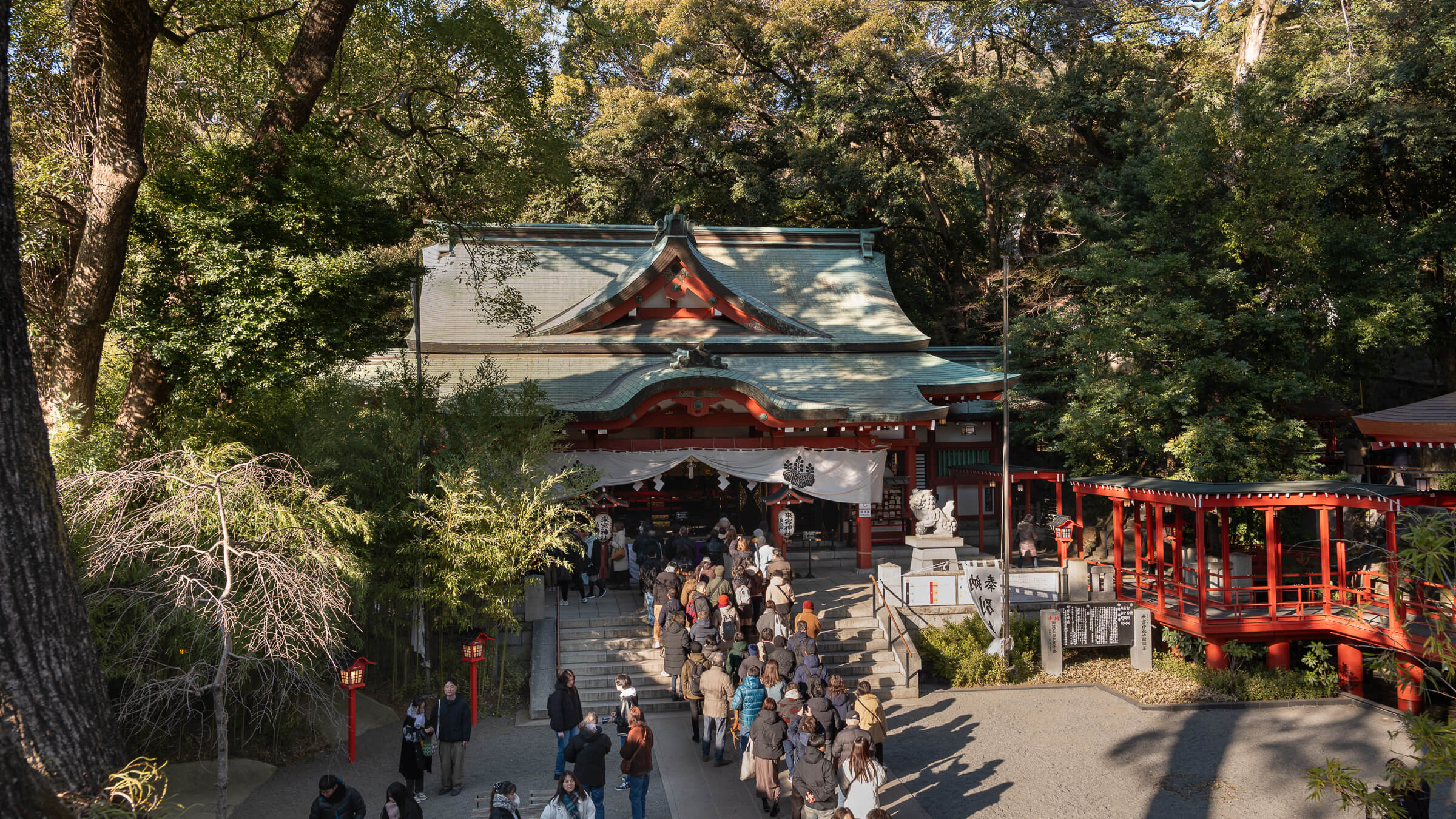 Main worship hall at Kinomiya Shrine in Atami, seen from above with visitors lined up in the courtyard