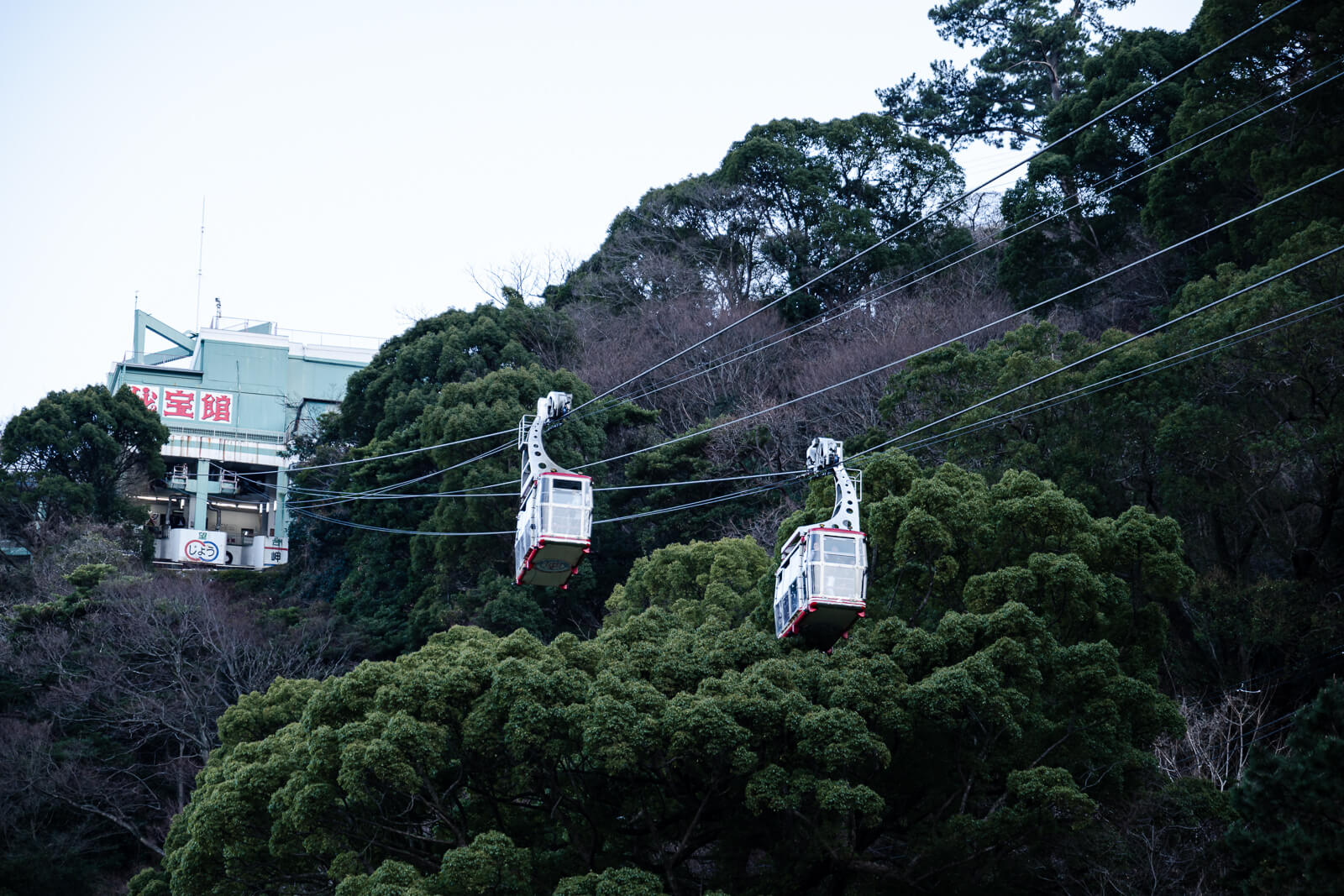 Atami Ropeway cabin ascending hillside above the coastal road