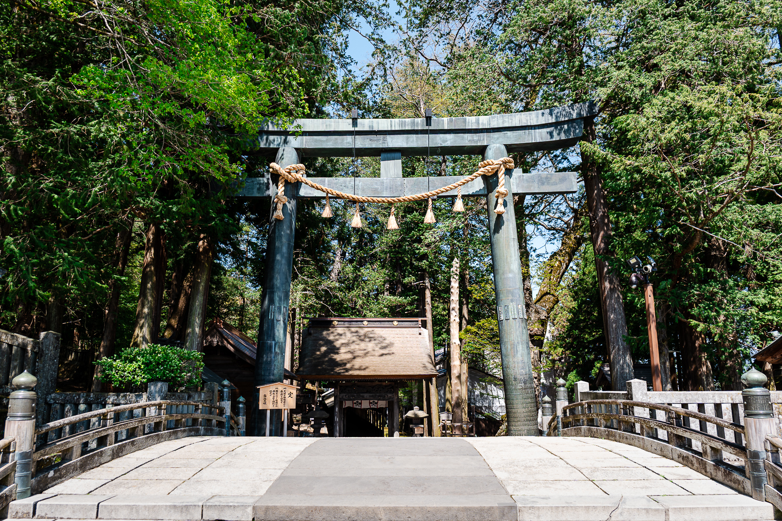 Torii gate framing leading from the side approach at Suwa Taisha Kamisha Honmiya, Suwa