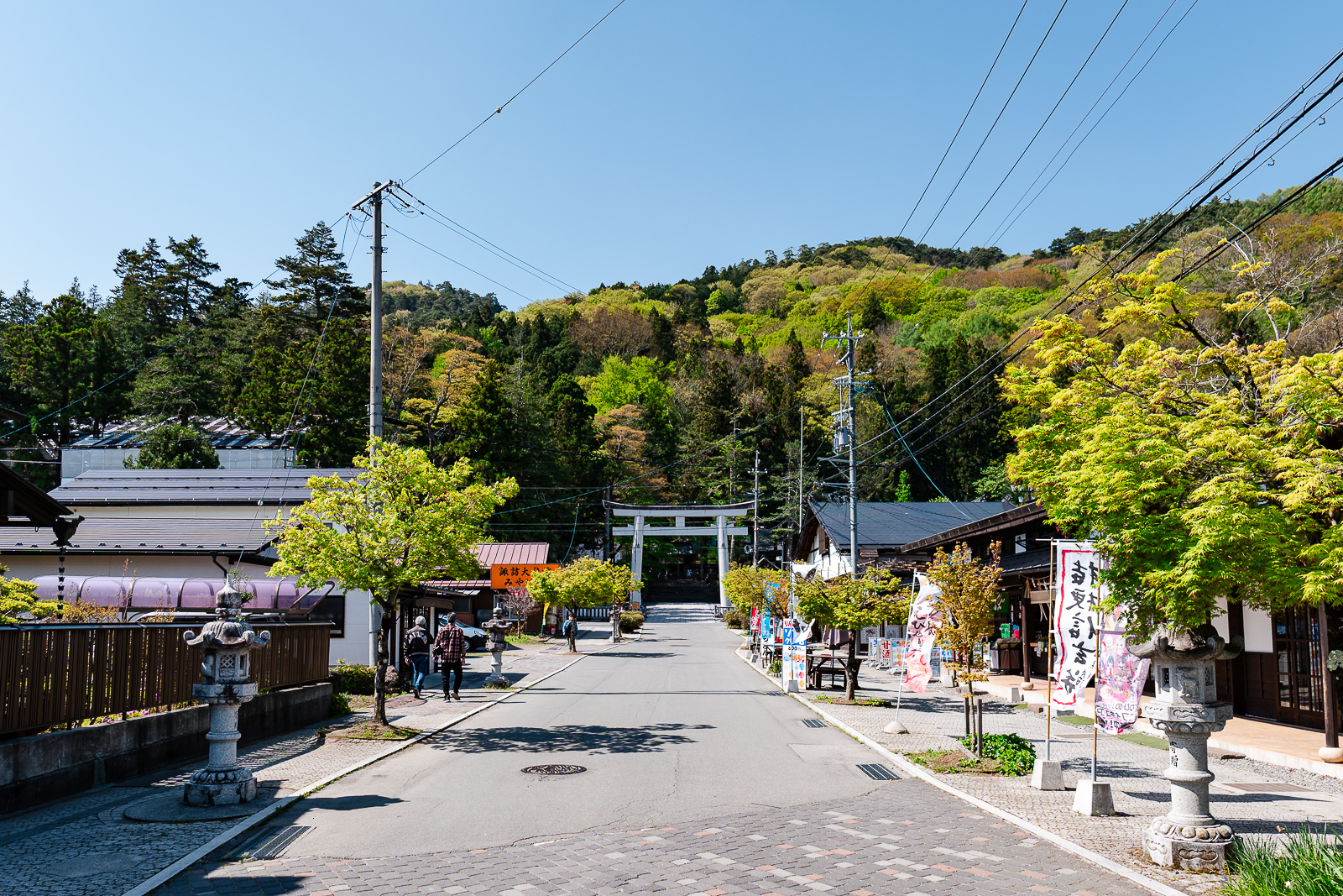 Wide view of approach toward shrine grounds at Suwa Taisha Kamisha Honmiya, Suwa