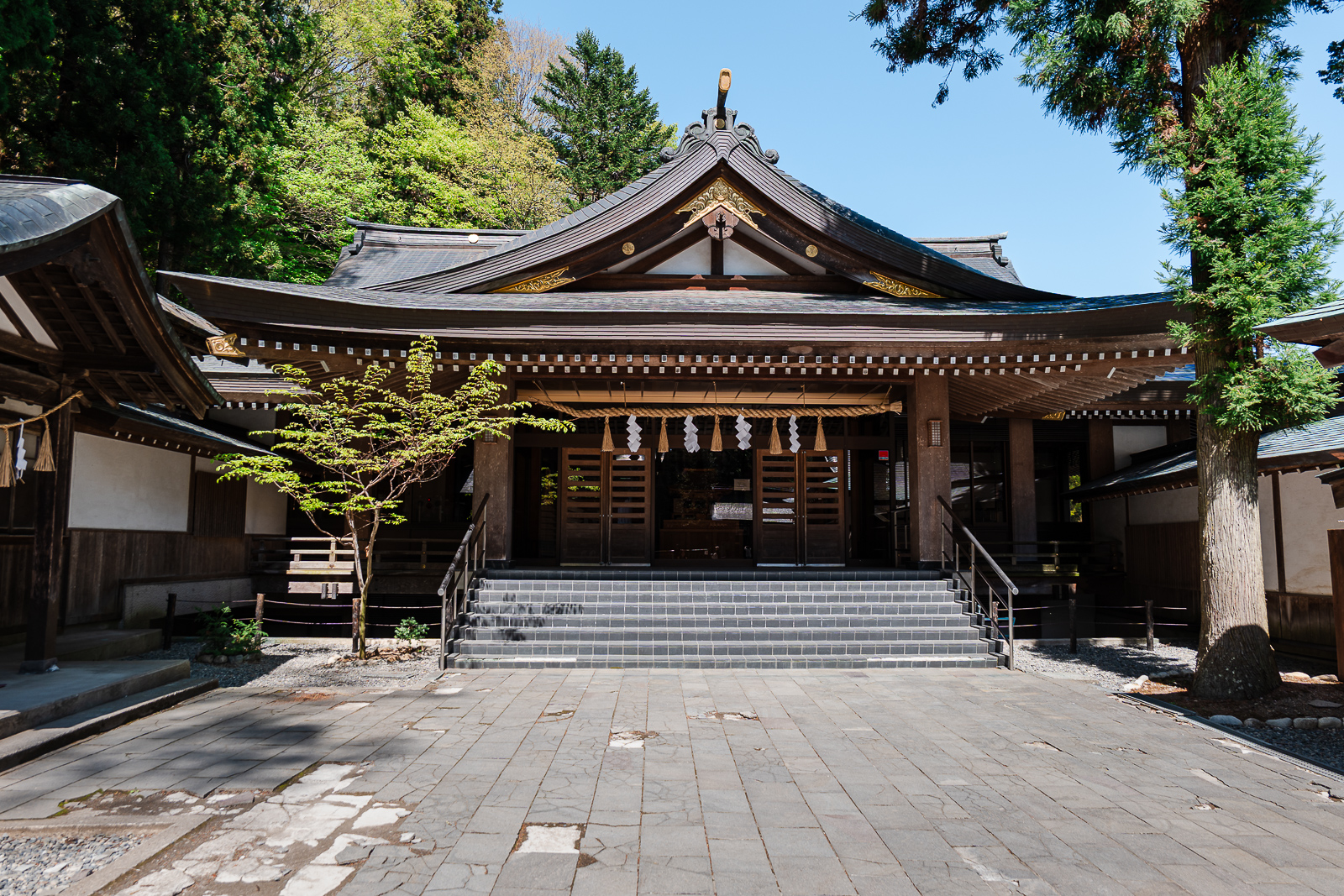 Wide open shrine grounds with structures spaced apart at Suwa Taisha Kamisha Honmiya, Suwa