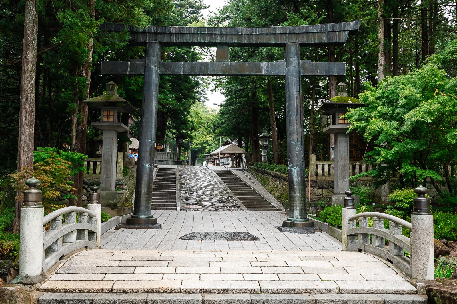 torii gate and steps at Suwa Taisha Shimosha Akimiya in Shimosuwa Nagano
