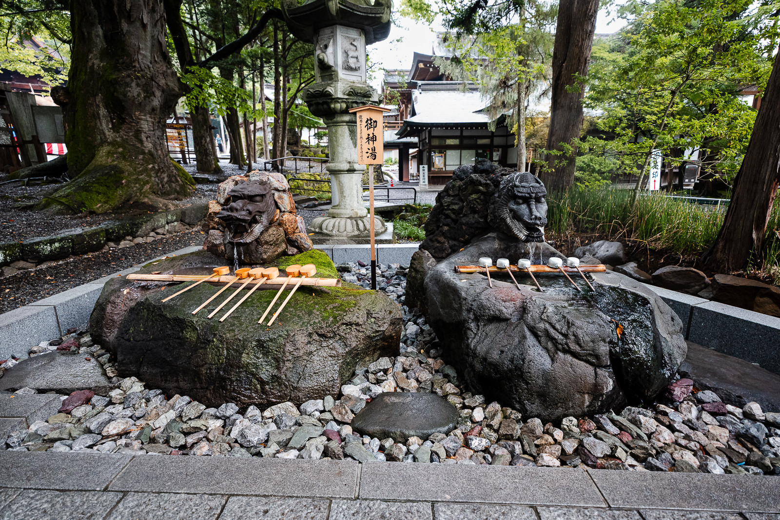 twin dragon purification basin at Suwa Taisha Shimosha Akimiya in Shimosuwa Nagano