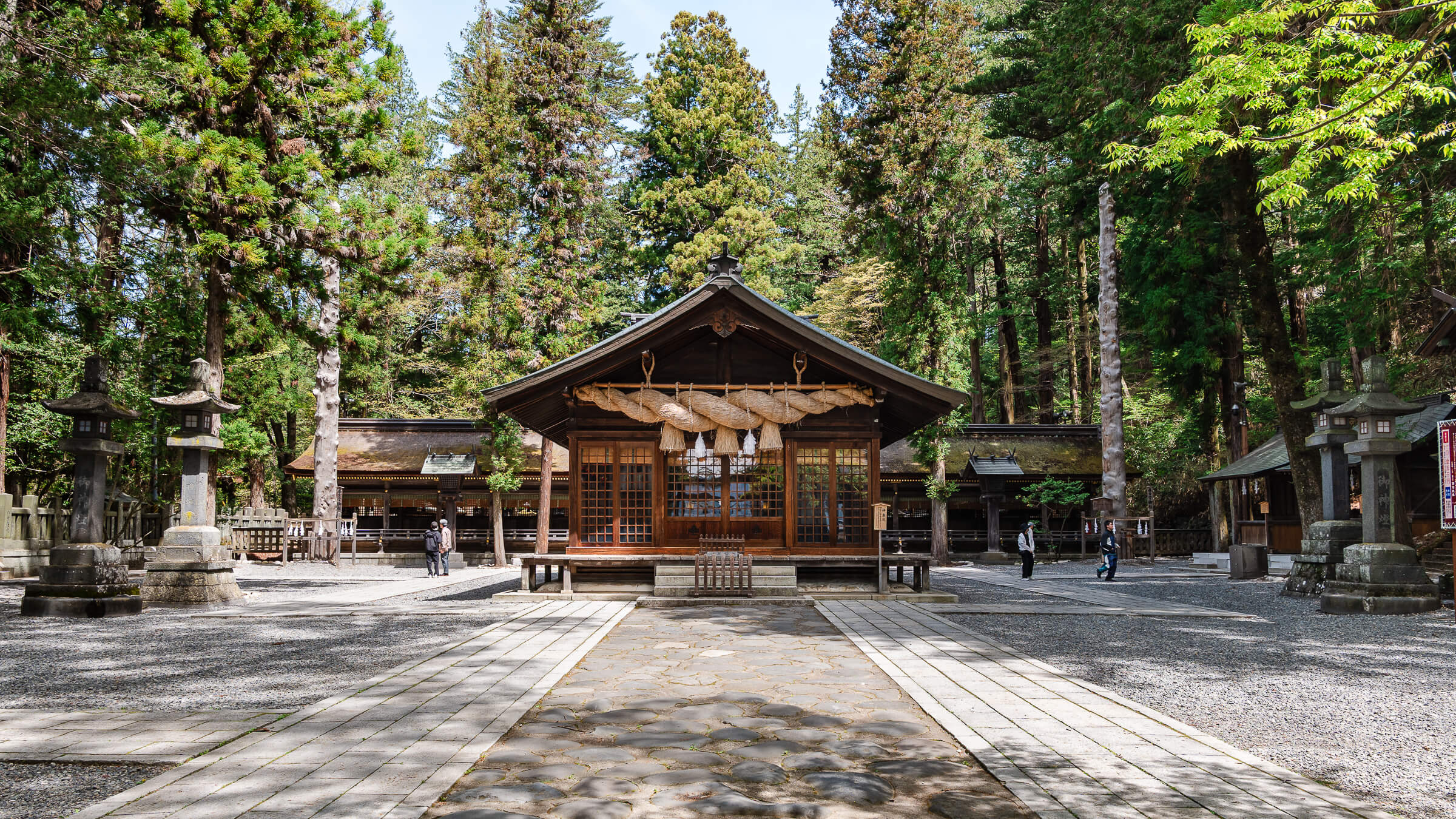 Main hall and central shrine grounds at Suwa Taisha Shimosha Harumiya in Shimosuwa, Nagano Prefecture