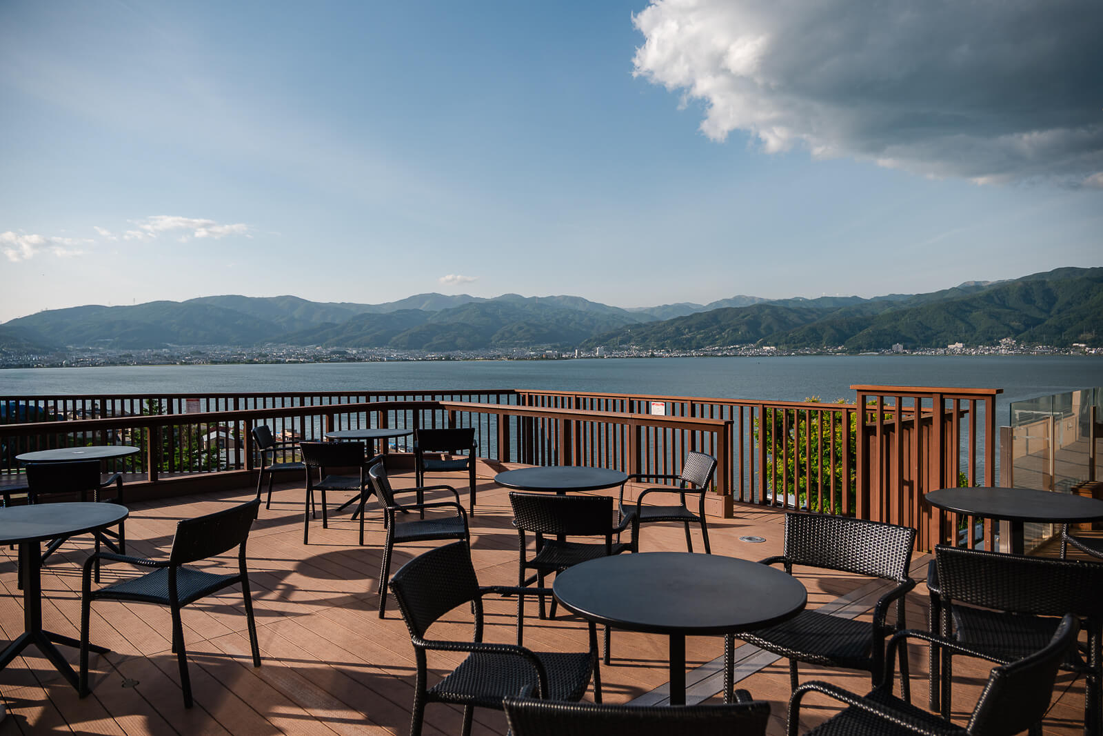 Observation deck overlooking Lake Suwa from Suwako Service Area on the Chuo Expressway