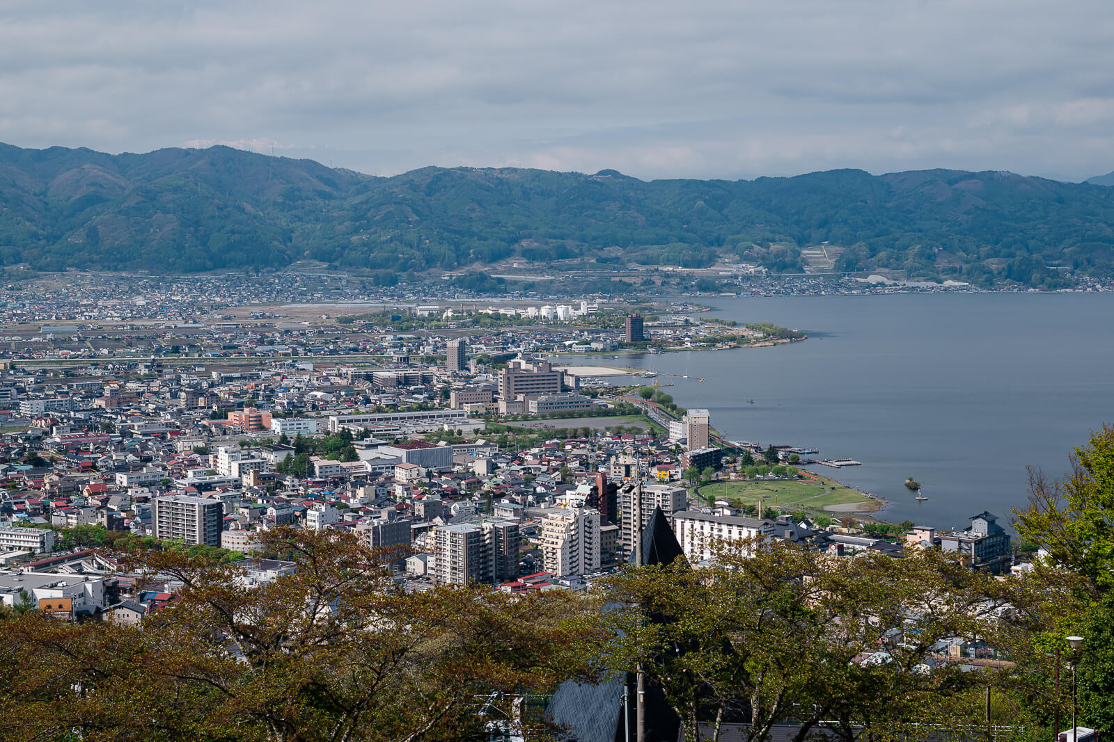 Suwa City and eastern Lake Suwa shoreline viewed from Tateishi Park