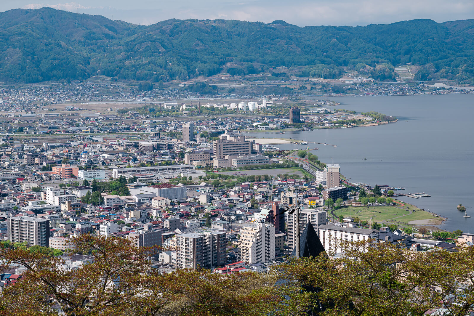 Northern Lake Suwa shoreline and Okaya area viewed from Tateishi Park