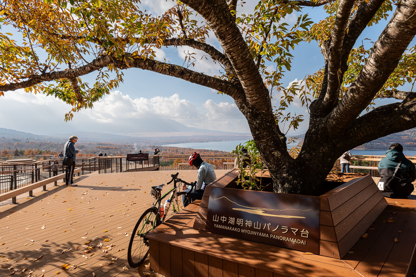 Observation area sign, seats, tree and visitors at Yamanakako Panoramadai