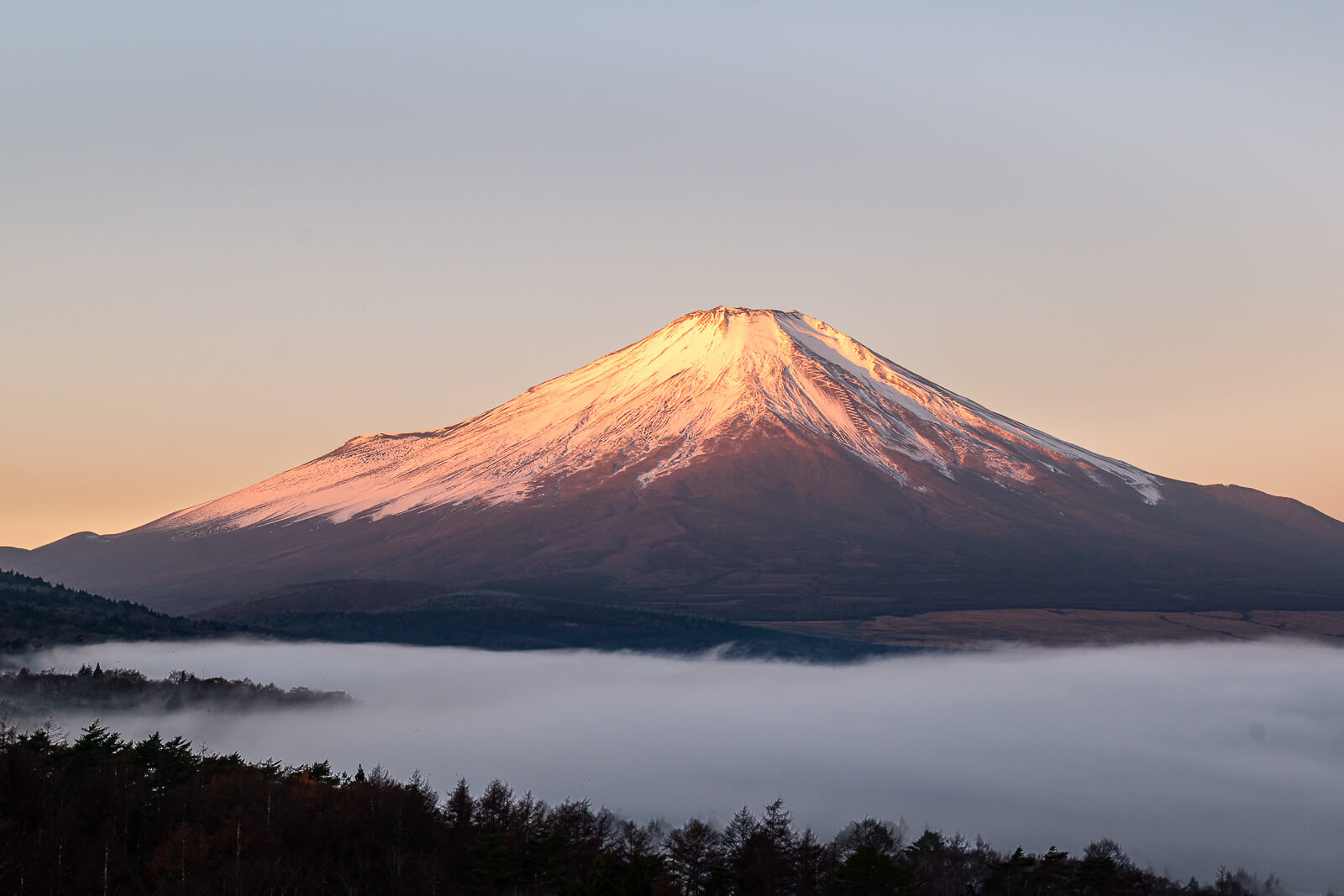 Warm orange sunrise light on Mount Fuji above lake fog at Yamanakako Panoramadai